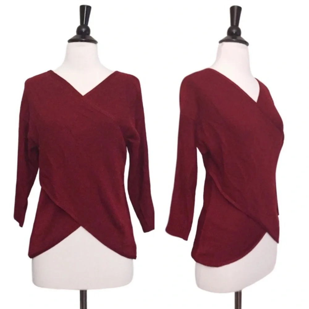 Cross Front High Low Faux Wrap Knit Sweater Top Burgundy - Picture 2 of 3